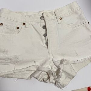 Levi’s 501 High Rise White Button Fly Distressed Jean Shorts Women’s Size 26
